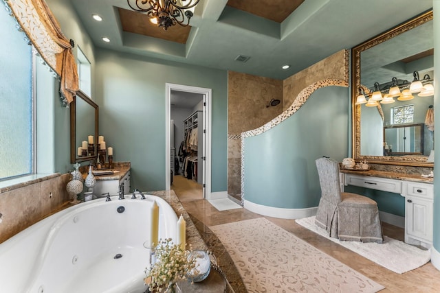 bathroom featuring a jetted tub, plenty of natural light, visible vents, and a walk in shower