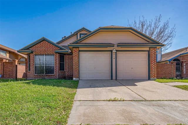 single story home with brick siding, an attached garage, concrete driveway, and a front yard