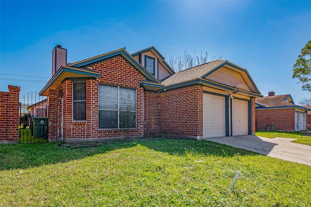 view of front facade with an attached garage, a chimney, concrete driveway, a front lawn, and brick siding