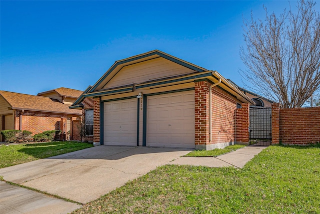 view of front of home with brick siding, a front lawn, concrete driveway, a garage, and a gate