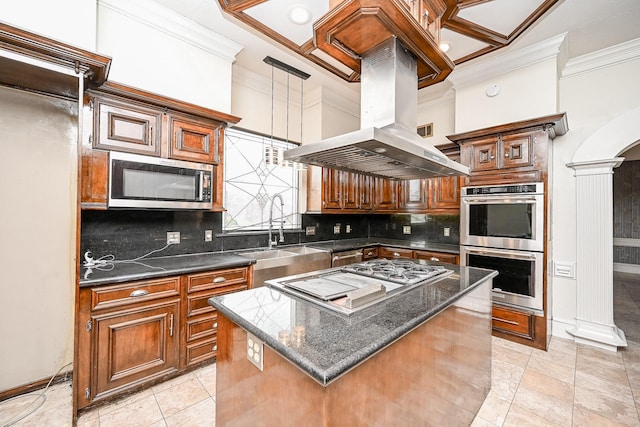 kitchen featuring stainless steel appliances, a sink, ornamental molding, backsplash, and island exhaust hood