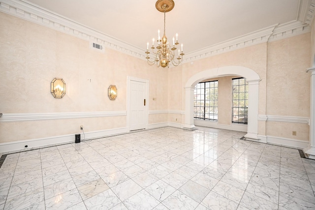 empty room with arched walkways, visible vents, marble finish floor, wallpapered walls, and an inviting chandelier