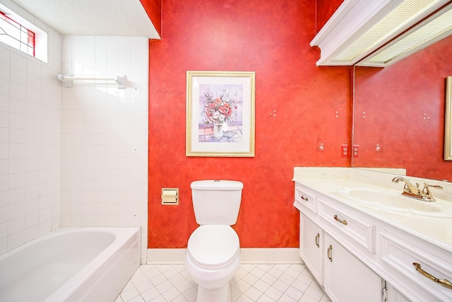 full bath featuring shower / bathing tub combination, toilet, vanity, tile patterned flooring, and baseboards