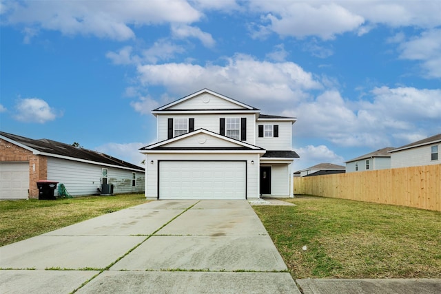 view of front of home featuring central AC, fence, concrete driveway, an attached garage, and a front yard