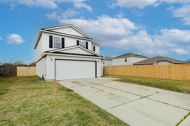 traditional-style house with a garage, a front lawn, driveway, and fence