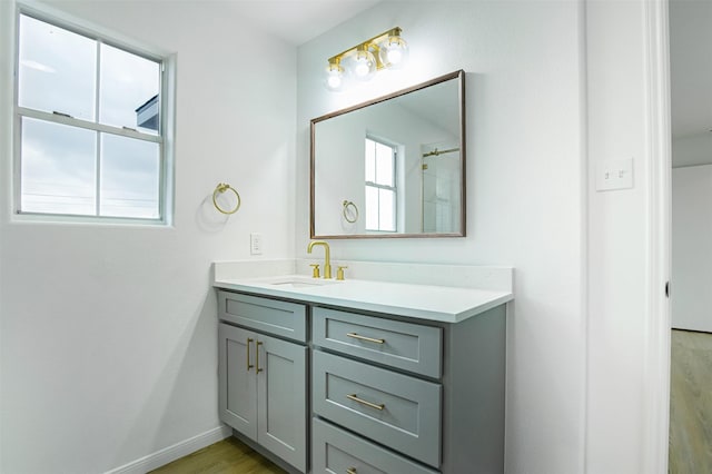 bathroom featuring baseboards, wood finished floors, and vanity