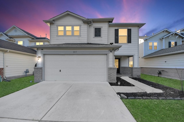 traditional-style home featuring concrete driveway, brick siding, a porch, and an attached garage