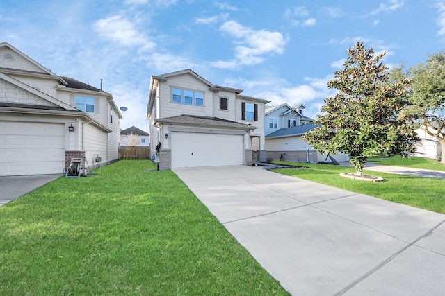 view of front of property with brick siding, concrete driveway, an attached garage, fence, and a front lawn