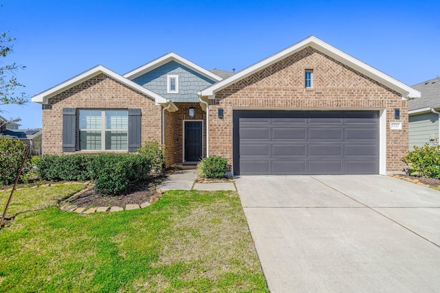 ranch-style house with an attached garage, a front yard, concrete driveway, and brick siding