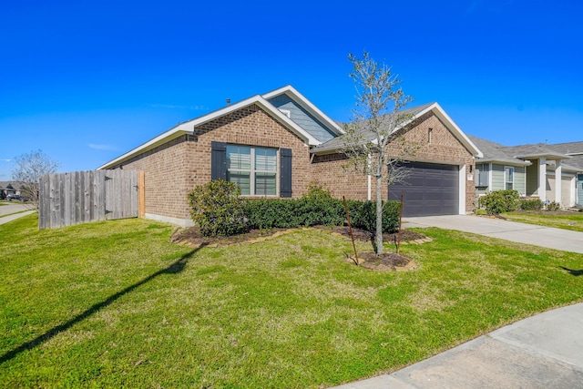 ranch-style home with an attached garage, a front yard, concrete driveway, and brick siding