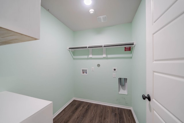 laundry room featuring laundry area, baseboards, dark wood-style flooring, hookup for a washing machine, and hookup for an electric dryer