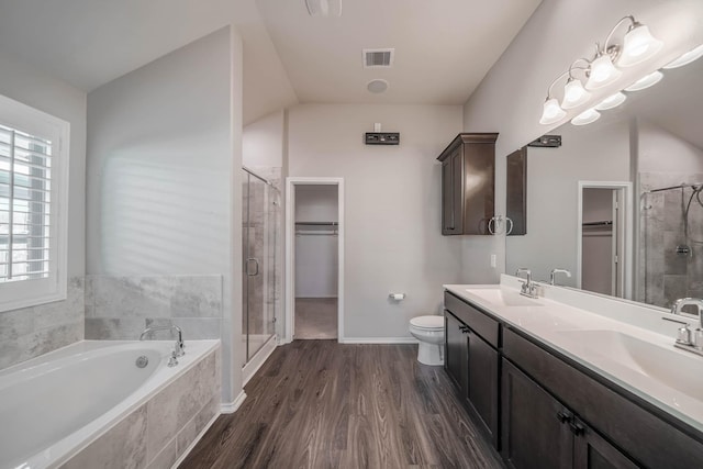 full bath featuring visible vents, a sink, a spacious closet, a shower stall, and a bath