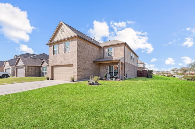 view of front of property with a garage, a front yard, concrete driveway, and brick siding