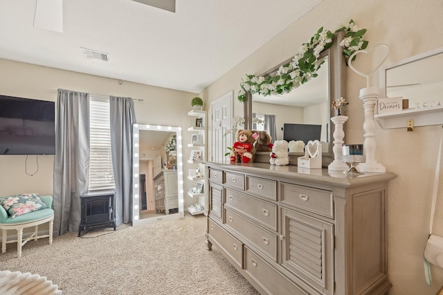 interior space featuring a wood stove, light carpet, and visible vents