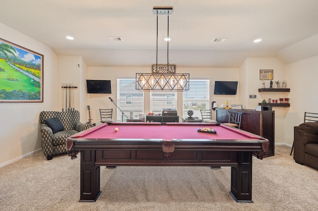 recreation room with pool table, light carpet, visible vents, and baseboards