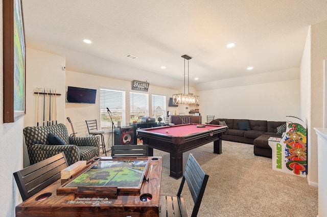 recreation room with recessed lighting, pool table, visible vents, a dry bar, and carpet