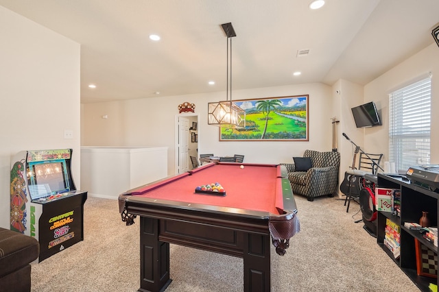 rec room with carpet floors, recessed lighting, visible vents, and billiards