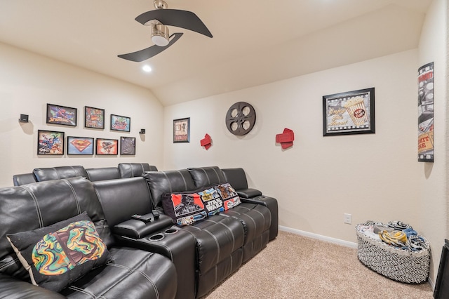 cinema featuring carpet floors, baseboards, vaulted ceiling, and a ceiling fan