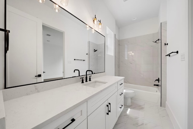 bathroom featuring baseboards, toilet, marble finish floor, bathtub / shower combination, and vanity