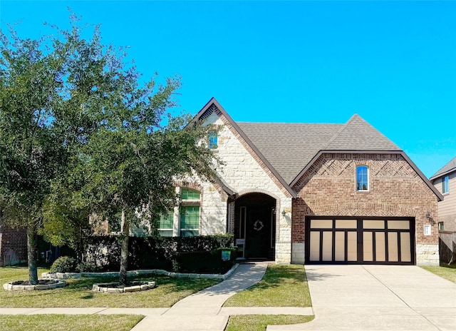 view of front of house featuring stone siding, brick siding, roof with shingles, and driveway