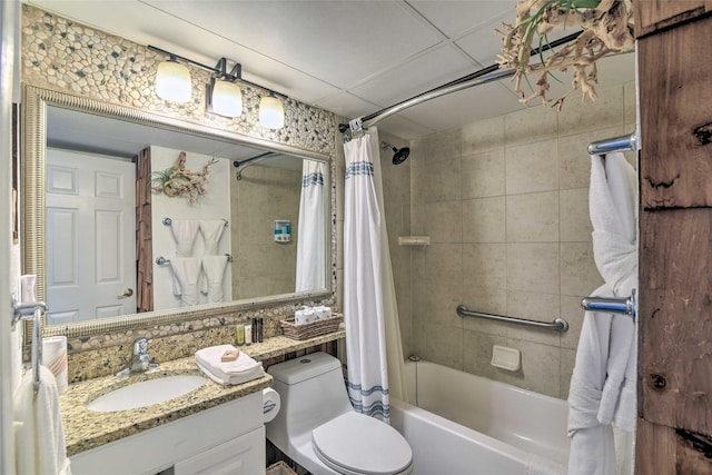 bathroom with vanity, toilet, and shower / bathtub combination with curtain