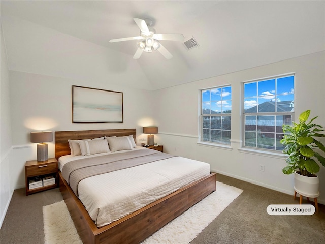 bedroom with visible vents, baseboards, a ceiling fan, carpet, and vaulted ceiling