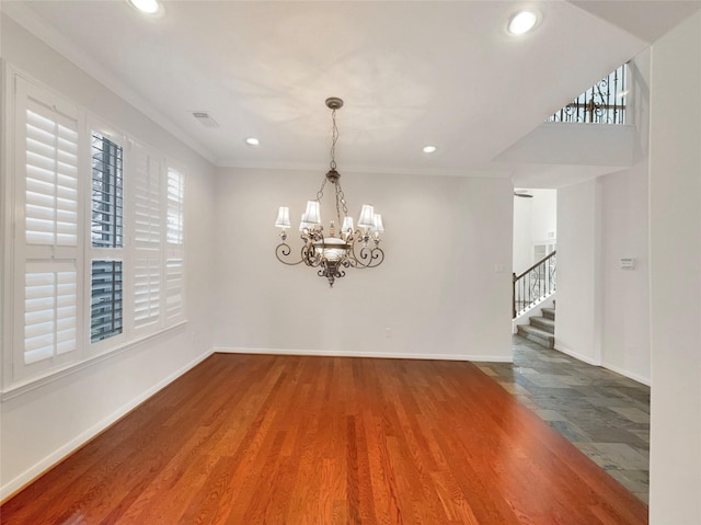 unfurnished dining area with stairway, wood finished floors, visible vents, and recessed lighting