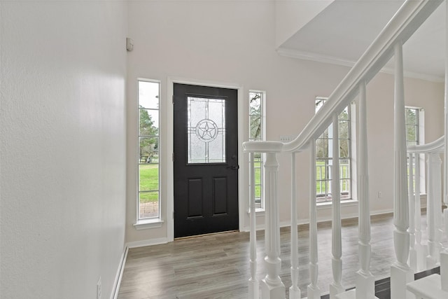 entrance foyer with plenty of natural light, light wood-type flooring, baseboards, and ornamental molding