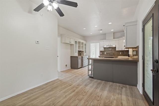 kitchen featuring under cabinet range hood, tasteful backsplash, a peninsula, light wood finished floors, and baseboards