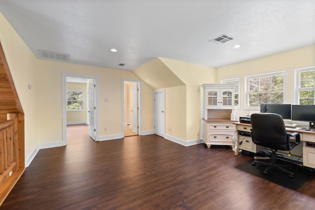 office with recessed lighting, visible vents, and dark wood-style floors