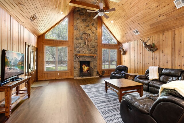 living room with visible vents, wooden ceiling, a fireplace, high vaulted ceiling, and wood-type flooring
