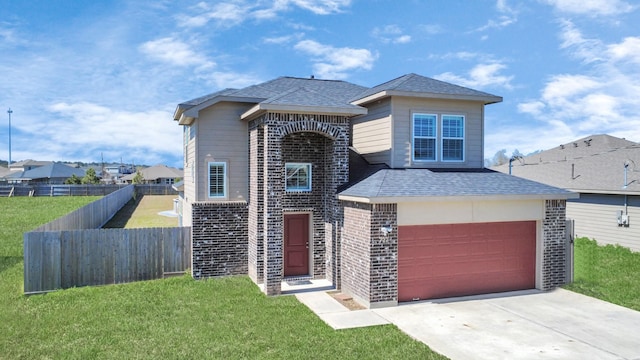 view of front of home with a front yard, brick siding, and fence