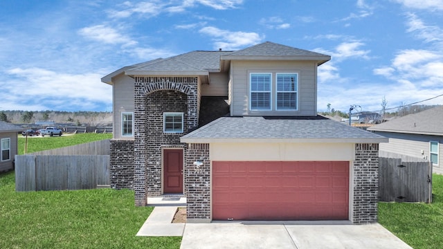 view of front facade featuring a garage, driveway, a front lawn, and brick siding