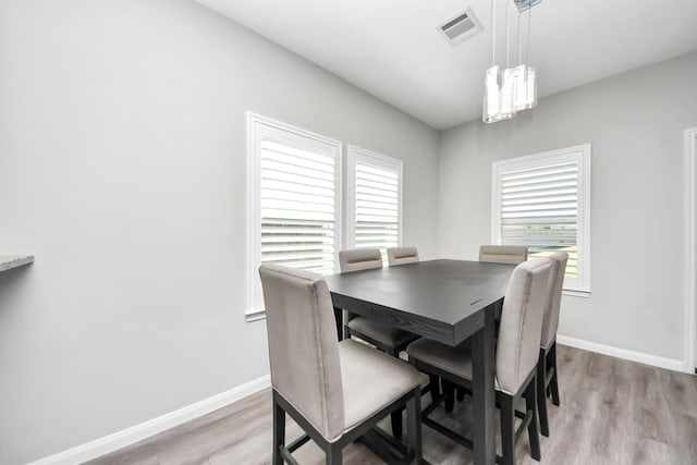 dining area with wood finished floors, visible vents, and baseboards