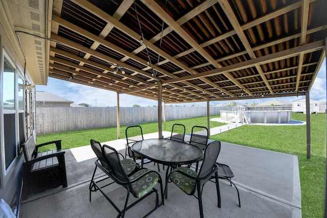 view of patio with a fenced backyard and outdoor dining area