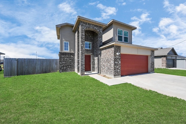 view of front of house with brick siding, fence, a garage, driveway, and a front lawn