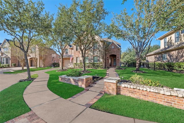 view of front of property featuring a residential view, brick siding, fence, and a front lawn