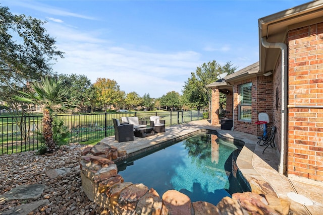 view of pool with a fenced backyard, a fenced in pool, and a patio