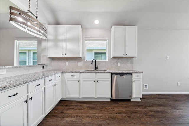 kitchen with dishwasher, dark wood finished floors, white cabinetry, and a sink