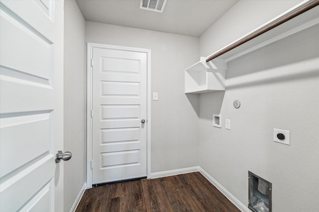 laundry room with baseboards, visible vents, hookup for an electric dryer, laundry area, and dark wood-style flooring