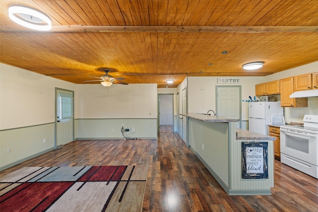 kitchen with dark wood-style floors, light countertops, wood ceiling, white appliances, and under cabinet range hood