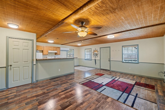 interior space with a ceiling fan, a wealth of natural light, wood ceiling, and dark wood finished floors