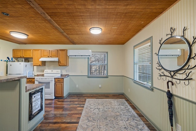 kitchen with white appliances, wooden ceiling, dark wood-style floors, under cabinet range hood, and a wall mounted AC