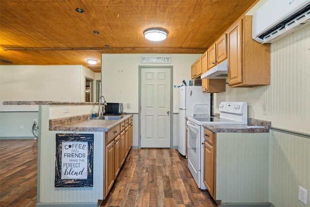 kitchen with white electric range oven, wooden ceiling, an AC wall unit, under cabinet range hood, and a sink