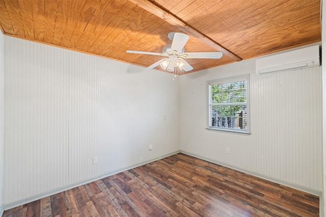 unfurnished room with wood ceiling, baseboards, dark wood-type flooring, and a wall mounted AC