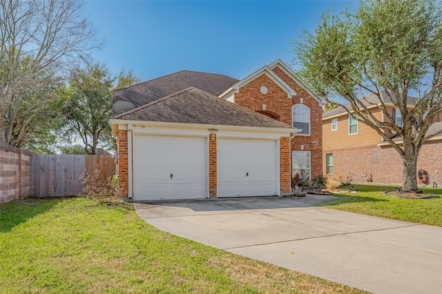 view of front of house with brick siding, concrete driveway, roof with shingles, an attached garage, and a front yard