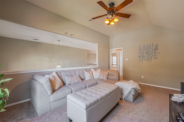 9314 Dune Gate Ct, Humble, TX 77396 - carpeted living room featuring a ceiling fan and lofted ceiling