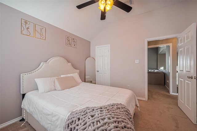 carpeted bedroom with a ceiling fan, lofted ceiling, visible vents, and baseboards