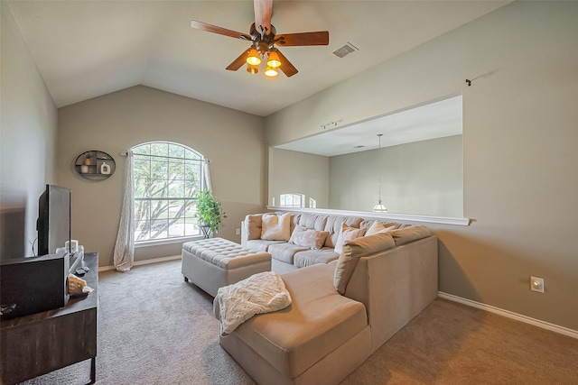 9314 Dune Gate Ct, Humble, TX 77396 - living room featuring ceiling fan, carpet floors, and lofted ceiling