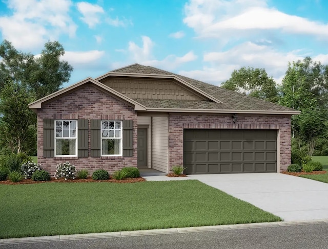 craftsman inspired home featuring driveway, a front lawn, an attached garage, and brick siding